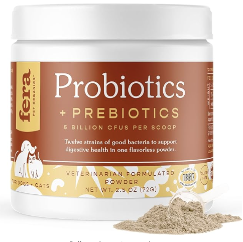 Product photo: white plastic jar of Fera pre and probiotics